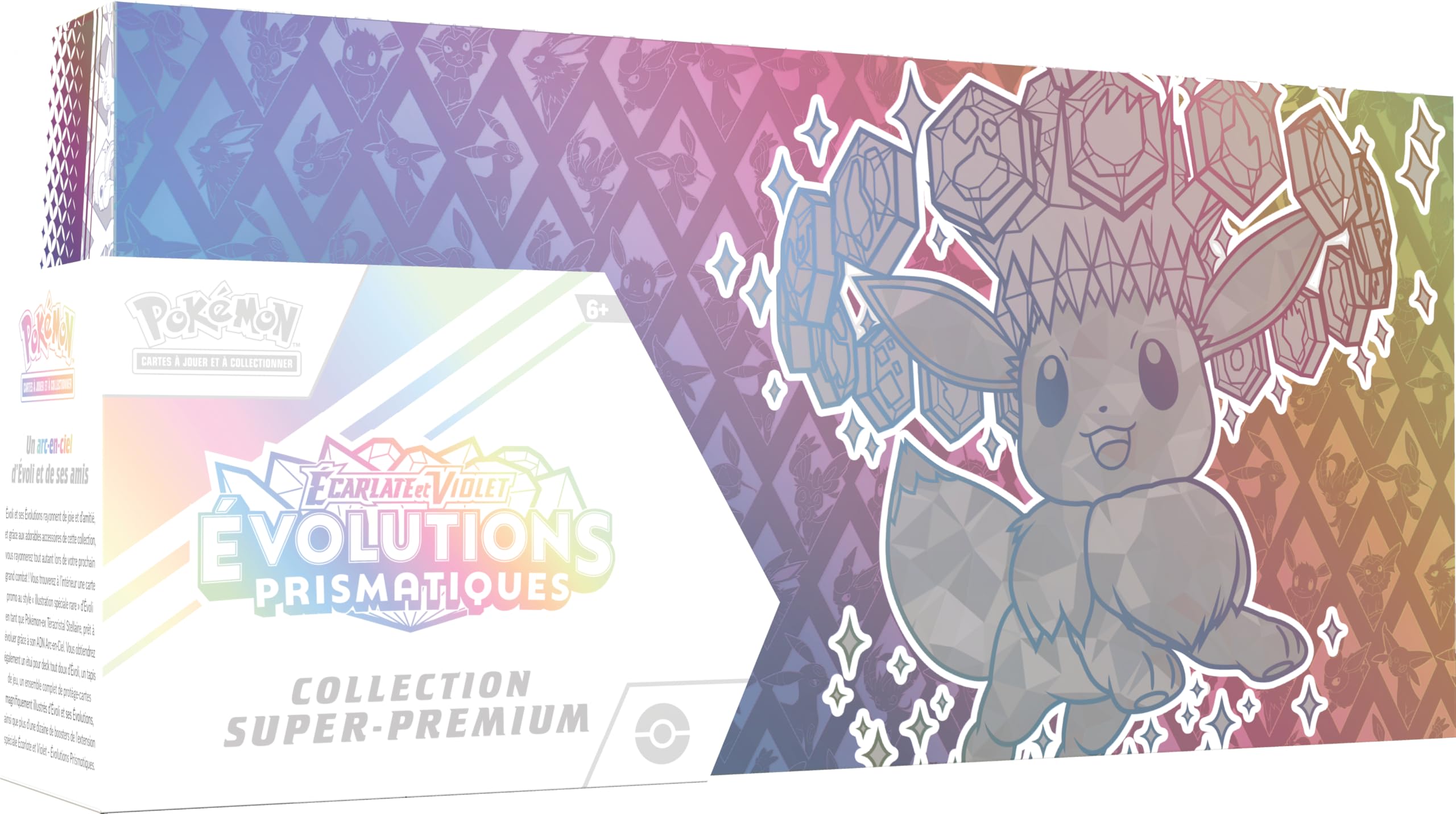 Pokémon JCC: Collection Super-Premium Écarlate et Violet – Évolutions Prismatiques du JCC Pokémon (1 Carte Promo Brillante entièrement illustrée, Un étui pour Deck Tout Doux d’Évoli et 15 boosters)