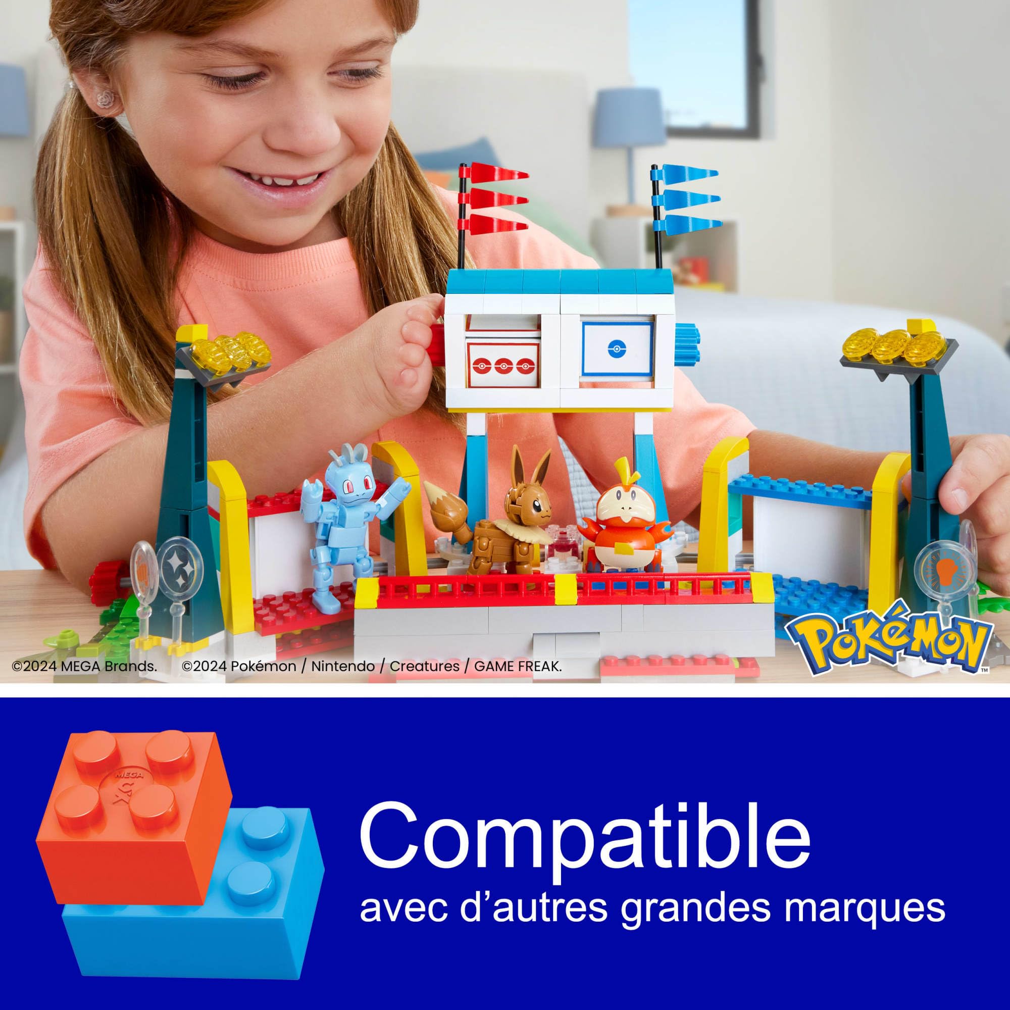 MEGA Pokémon Stade d’entraînement Adventure Builder avec 1 101 pièces, jeu de combat et 5 figurines articulées pour enfants, HWR82