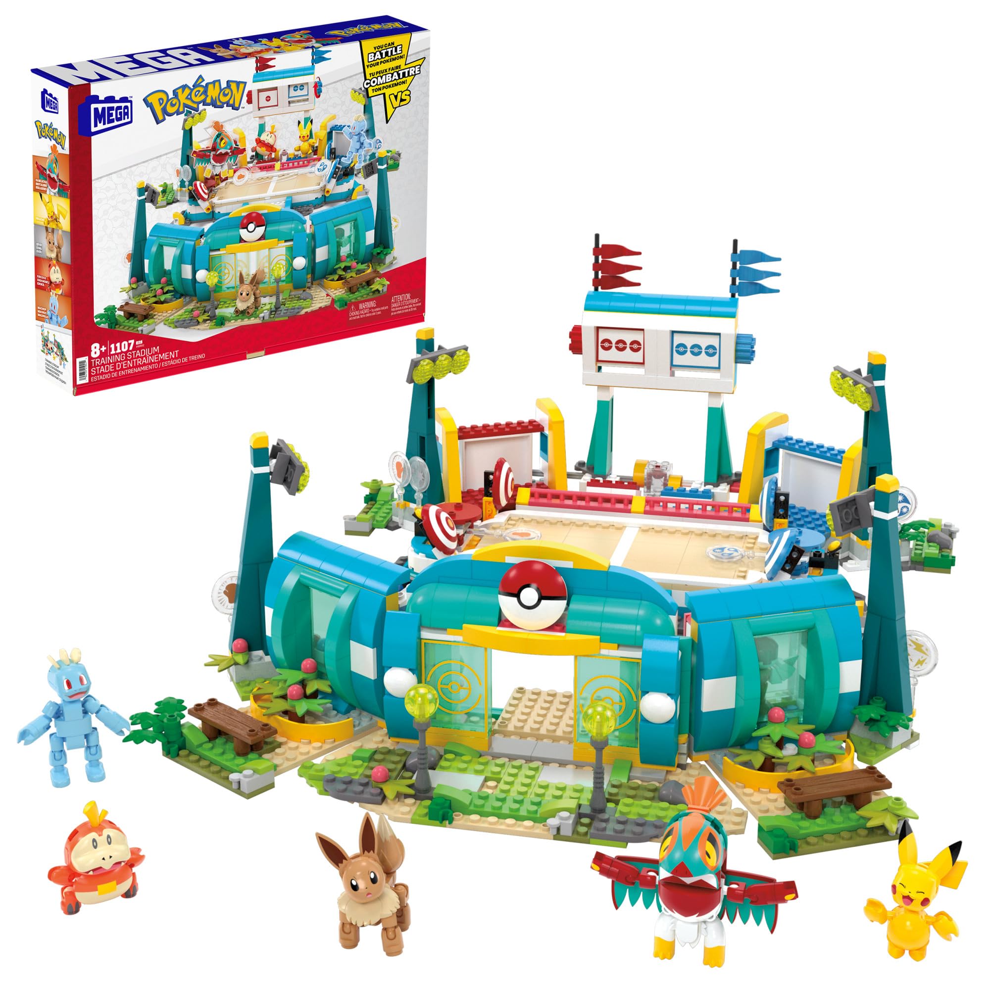 MEGA Pokémon Stade d’entraînement Adventure Builder avec 1 101 pièces, jeu de combat et 5 figurines articulées pour enfants, HWR82