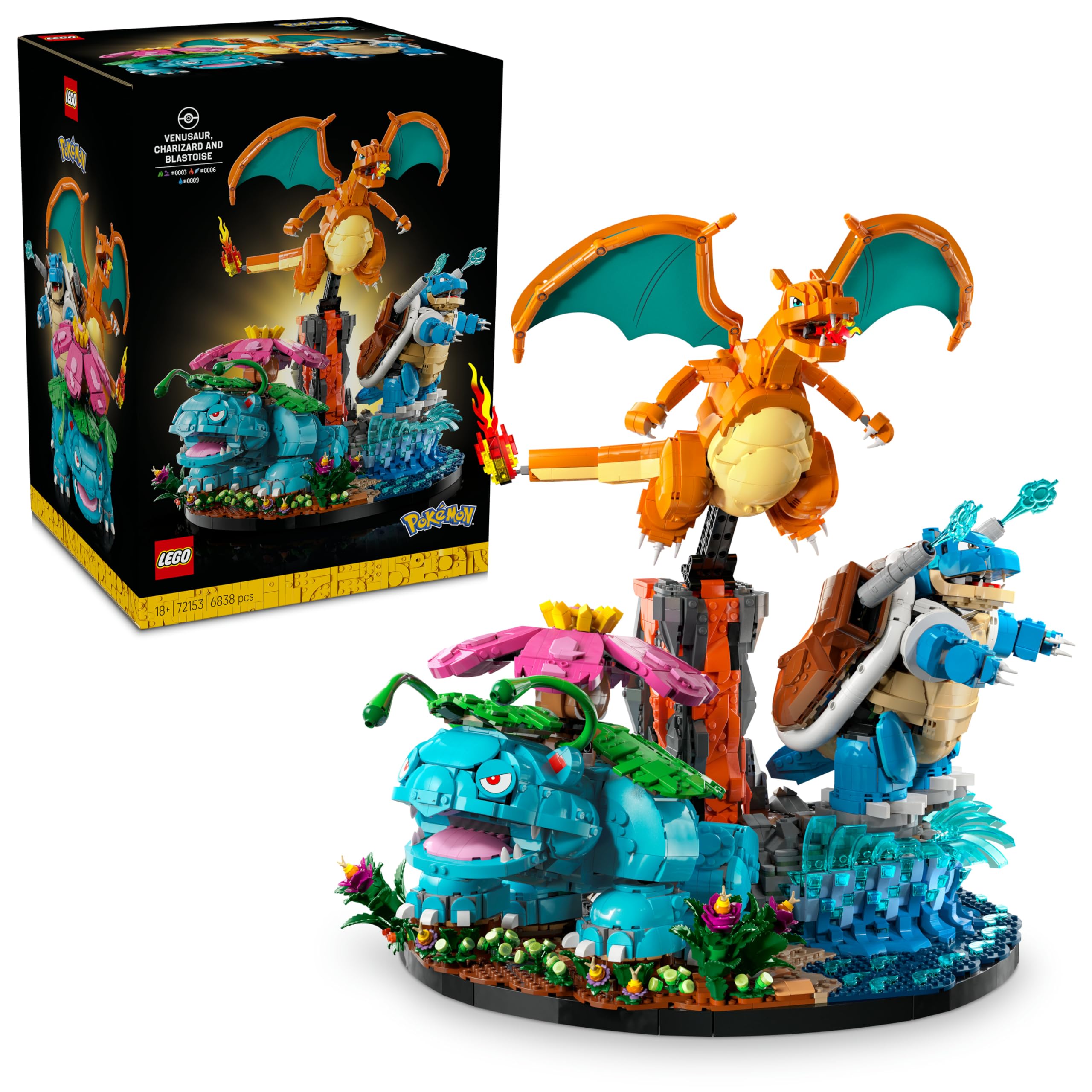 LEGO Pokémon Florizarre, Dracaufeu et Tortank - Set pour Adulte - Maquette 3D - 3 Figurines Anime pour Décoration DIY de Salon ou Bureau - Idée de Cadeau Gaming Collector pour Fans 72153